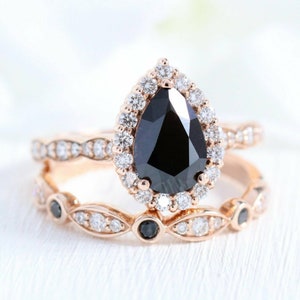 Black Pear CZ Stone Ring Set, 14K Gold Engagement Ring Set, Wedding Bridal Ring Set, Anniversary Gift For Wife, Woman&#39;s Stackable Ring Set