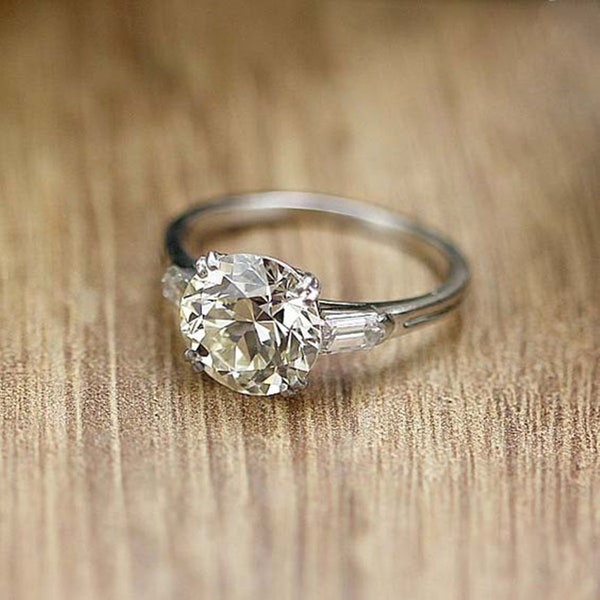 Old European Cut With Tapper Baguette Cut Diamond Ring, Minimalist Three Stone Ring, 18K Gold Engagement Ring, Anniversary Gift For Wife