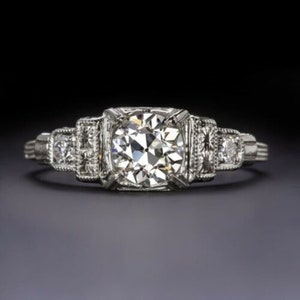 Anillo de circonita cúbica con corte europeo antiguo, anillo de compromiso de inspiración vintage, anillo de bodas de tres piedras, anillo art déco de oro blanco, anillo de regalo para madre.