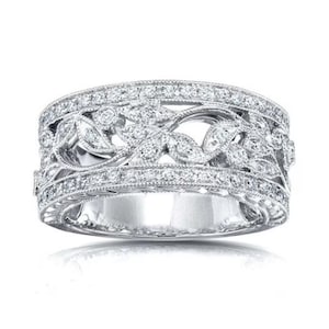 Vintage Style Floral Motif Band Ring, Milgrain Band Ring, Round Cut CZ Stone Wedding Band Ring, Anniversary Ring, Art Deco Filigree Band