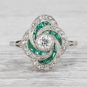Art Deco Engagement Ring, Old European & Green Baguette Cut CZ Stone Ring, Antique Edwardian Ring, White Gold Wedding Ring, Retro Jewelry