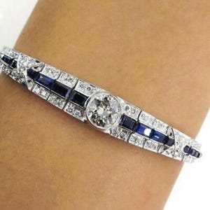 Blue Baguette & Round CZ Stone Tennis Bracelet, Vintage Inspired Bracelet For Women, Antique Art Deco Edwardian Bracelet, Sapphire Bracelet