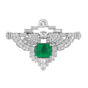 Winged Motif Art Deco Emerald Brooch, Egyptian Style Brooch In 925 Silver, C.1930&#39;s Victorian Unisex Brooch, Multi Shape CZ Stone Brooch