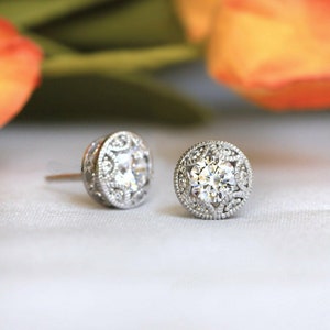 Vintage Art Deco Stud Earrings, Solitaire Filigree Style Stud Earring, Push back Round Diamond Earring, Delicate Gift Earring For Women