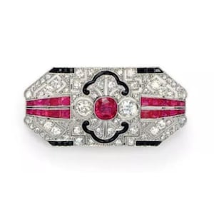 Art Deco Ruby & Onyx Brooch, Multi Shape CZ Stone Edwardian Wedding Brooch, Victorian Gemstone Brooch, Retro Jewelry For Women, Gift For Her