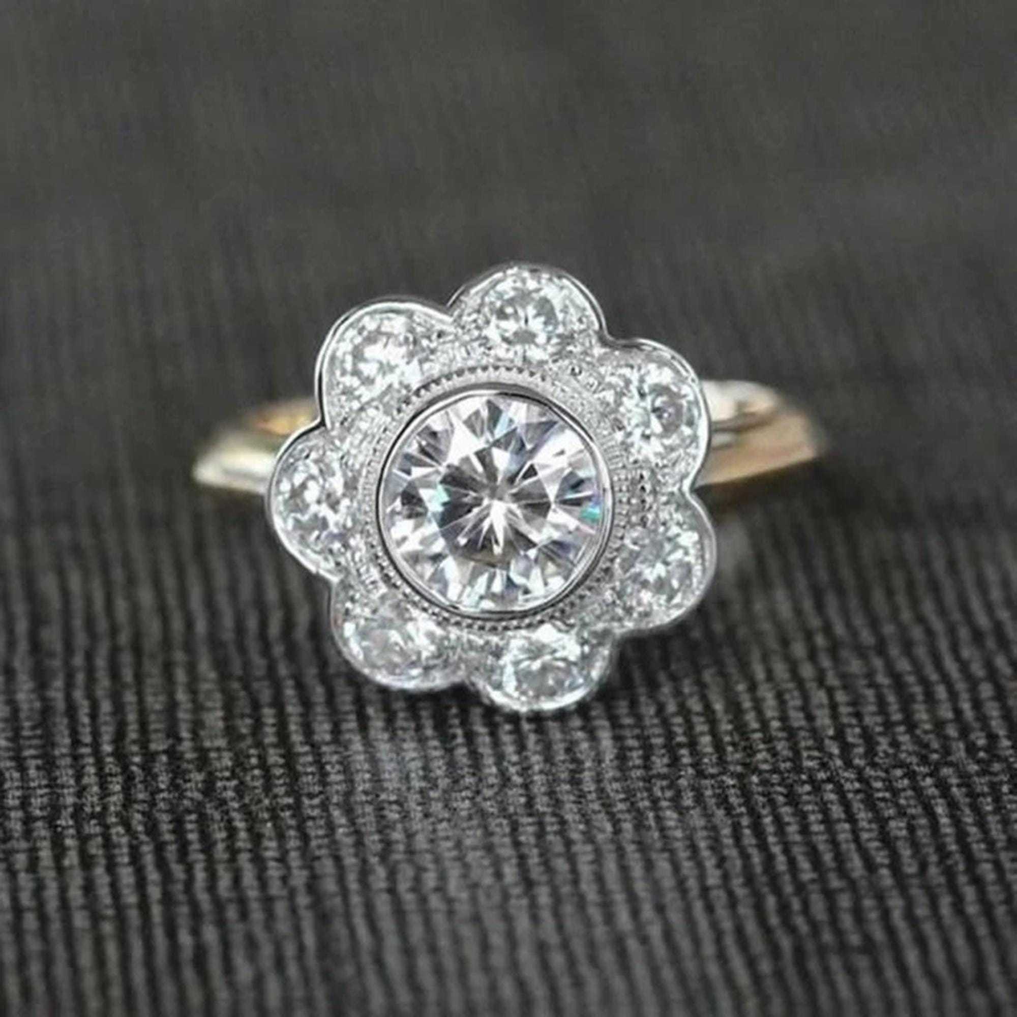Bezel Set Ring, 1.50TCW Round Cut CZ Stone Ring, Wedding Bridal Ring, Two Tone Gold Engagement Ring, Halo Floral Inspire Engagement Ring