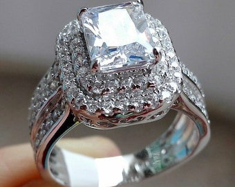 Wedding Bridal Ring, 3.72TCW Radiant Cut CZ Stone Woman&#39;s Ring, Double Halo Engagement Ring, 14K White Gold Ring, Mother&#39;s Day Gift Ring