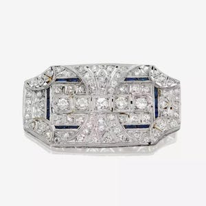 Edwardian Women&#39;s Brooch, Blue Baguette & Round CZ Stone Pin Brooch, Victorian Art Deco Sapphire Brooch, Vintage Inspired Milgrain Brooch