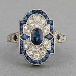 Art Deco Engagement Ring, Blue Oval & Baguette Cut CZ Stone Edwardian Ring, Vintage Inspire Sapphire Ring, Antique Wedding Bridal Ring
