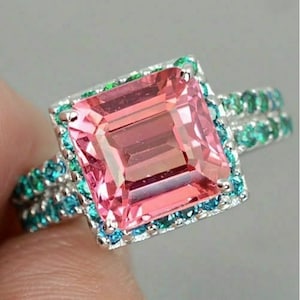 Halo Gemstone Ring, Pink Emerald Cut CZ Stone Wedding Ring, Woman&#39;s Double Band Ring, 18K White Gold Engagement Ring, Anniversary Gift Ring