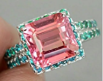 Halo Gemstone Ring, Pink Emerald Cut CZ Stone Wedding Ring, Woman&#39;s Double Band Ring, 18K White Gold Engagement Ring, Anniversary Gift Ring