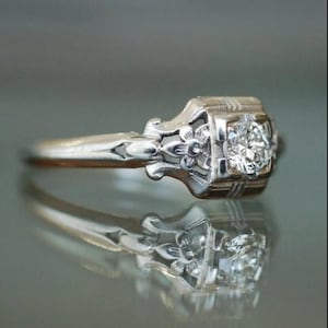 Old European Cut Moissanite Diamond Minimalist Ring, 925 Silver Solitaire Ring, Vintage Style Wedding Ring, Floral Style Art Deco Ring