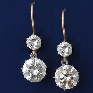 Round Cut CZ Stone Drop Earring, Two Stone Lever Back Dangle Earring, 10K/14K/18K Gold Earring, Wedding Anniversary Gift, Daily Wear Earring