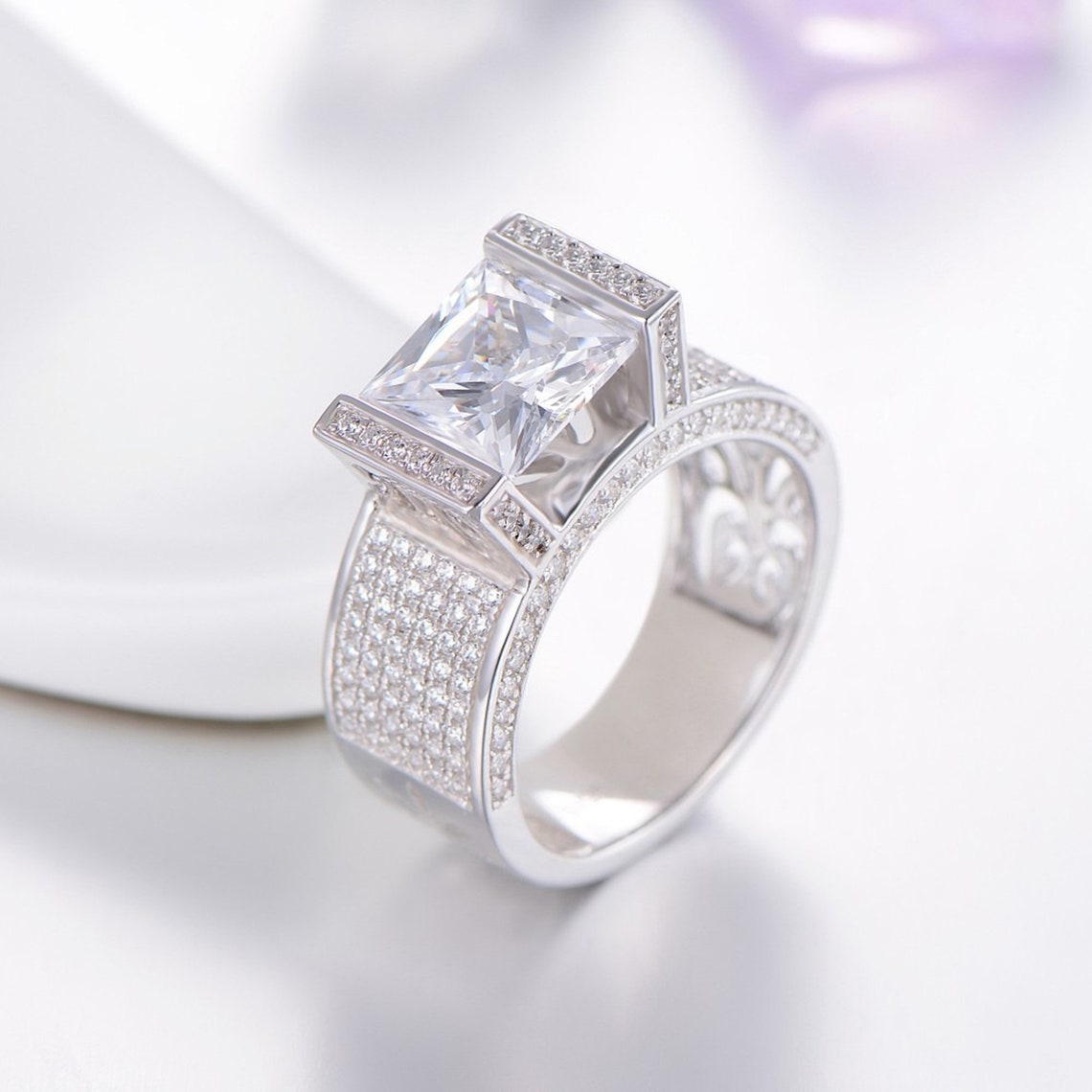 Princess Cut Diamond Pave Set Unisex Ring / Wedding | Etsy