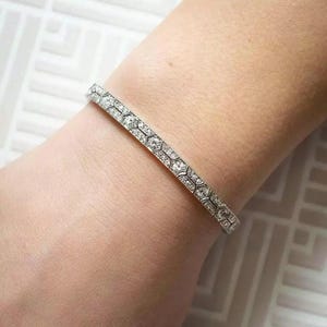 Women&#39;s Art Deco Tennis Bracelet, Round CZ Stone Vintage Style Bracelet, Engagement Anniversary Gift, 925 Silver Bracelet, Valentine&#39;s Gift