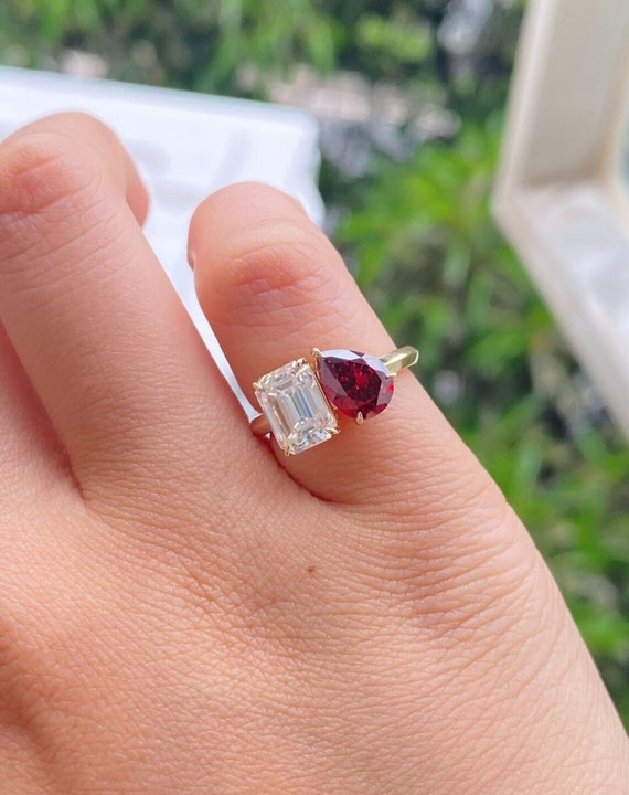 Smeraldo Anello Toi Et Moi Argento Anello Con Pietra CZ A Forma Di - Main Image