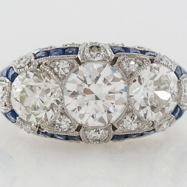 Vintage Three Stone Diamond Ring / Blue Baguette Ring / Edwardian Wedding Ring / Bridesmaid  Ring / Statement Ring / Old European Cut Ring