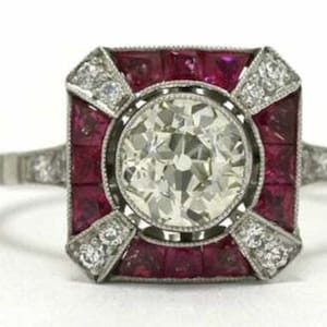 Anillo Art Déco antiguo para mujer, estilo antiguo europeo con circonita rosa talla baguette, anillo de boda de inspiración vintage, anillo de compromiso de oro blanco.