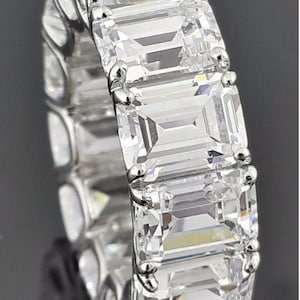 Full Eternity Wedding Band, Emerald Cut CZ Stone Eternity Band, Engagement Proposal Band, 10K White Gold Band Ring For Women, Birthday Gift