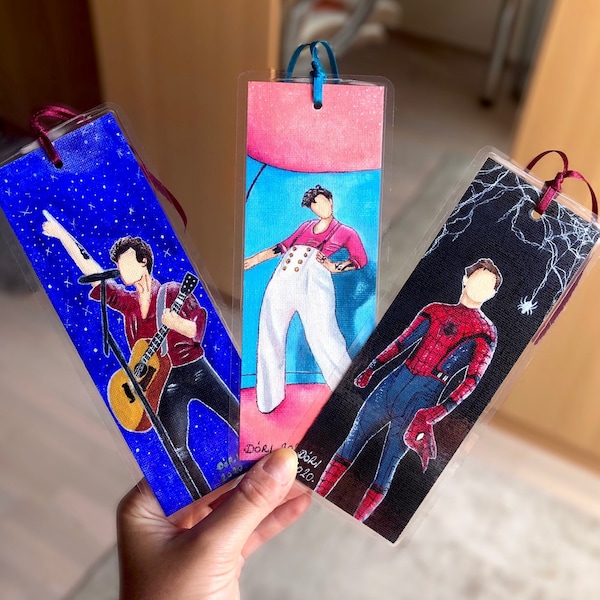 Handmade bookmarks of Tom Holland as Spider-Man, Harry Styles and Shawn Mendes