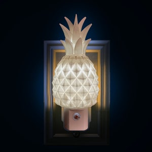 May include: A white pineapple-shaped night light with a geometric pattern, mounted on a pink base with a switch. The light is set against a dark background and framed by a dark wooden frame.