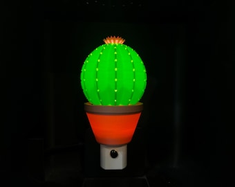 Lámpara de noche con cactus barril en maceta y flor: luz LED enchufable impresa en 3D