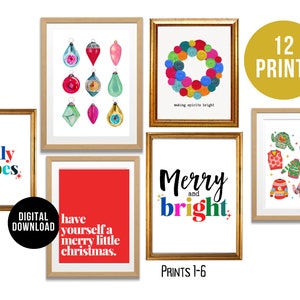 Christmas Wall Art Set of 12, Merry And Bright, Christmas Gallery Wall, Digital Download, Holiday Decor