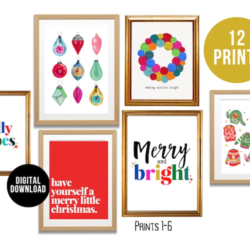 Christmas Wall Art Set of 12 Merry and Bright Christmas Etsy