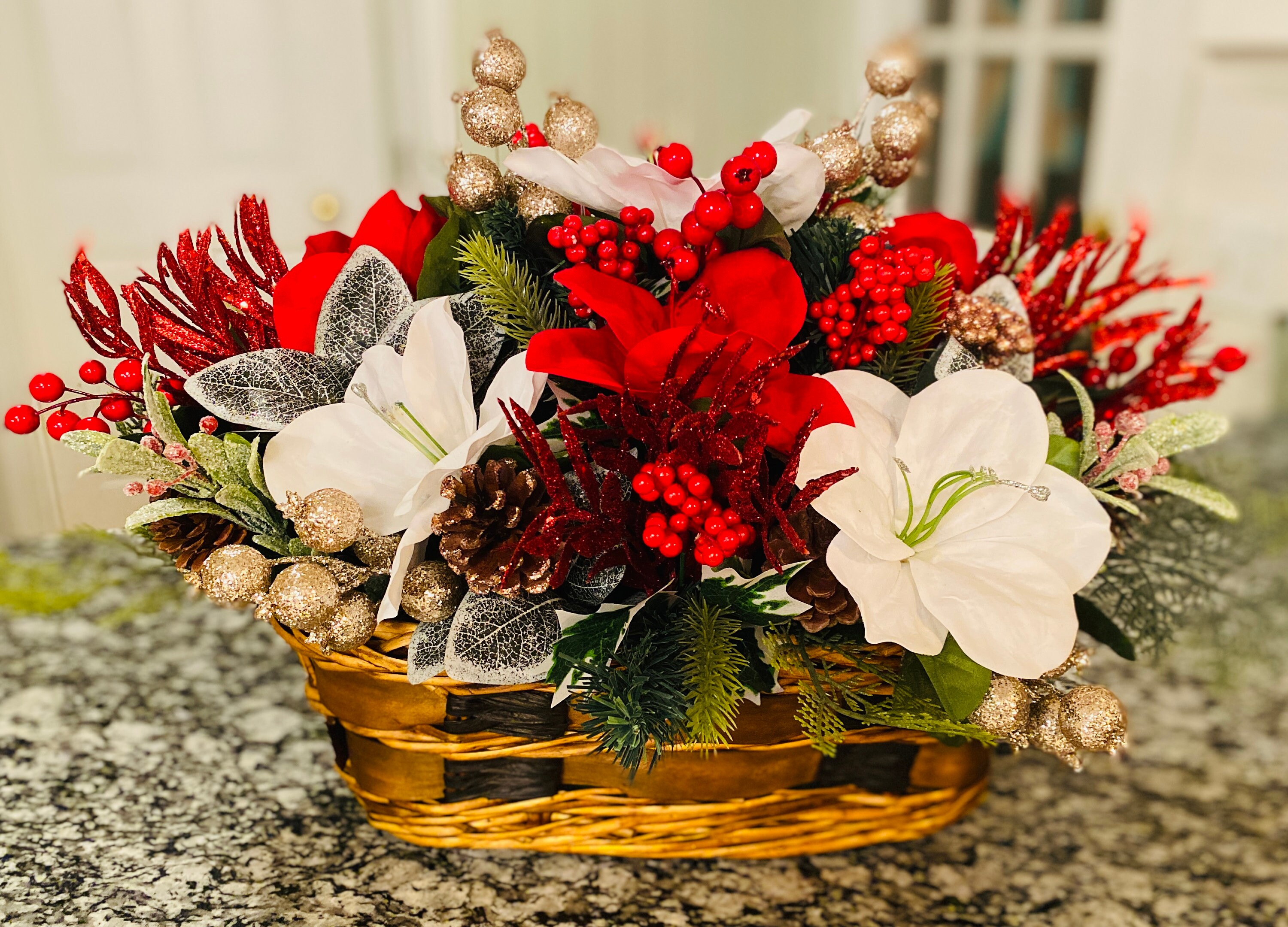 Christmas Flower Arrangement Centerpiece Winter Poinsettia Table