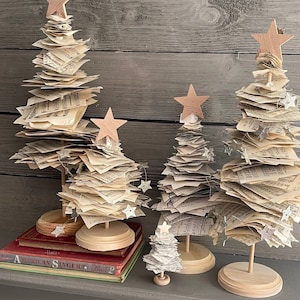 Minimalist vintage hymnal trees, natural wooden mantle decor, book lovers gift, music pages decoration