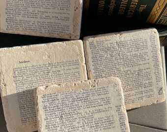 Vintage Book Page Coasters, Author/Reader Gift, Antique Dictionary Art and Decor, Office Decor, Library Decor, Set of 4, Stone Coasters