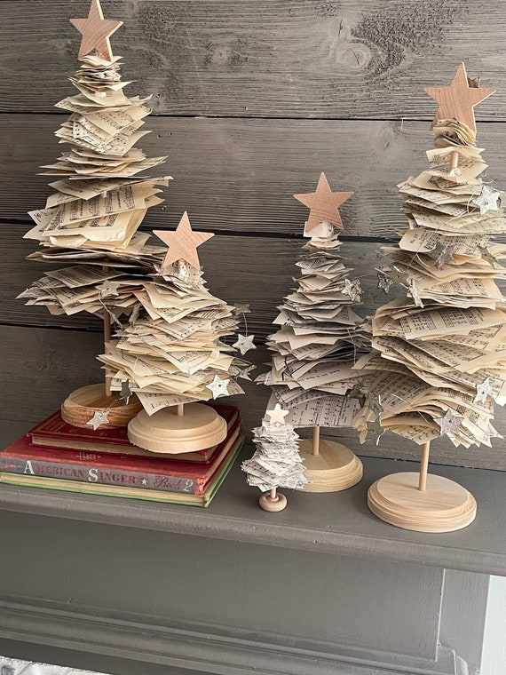 Minimalist vintage hymnal trees, natural wooden mantle decor, book lovers gift, music pages decoration