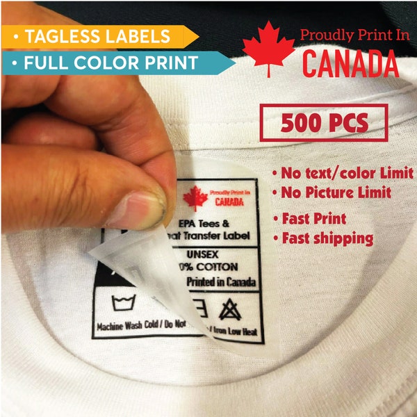 Full-color Iron-on heat transfer for Tagless neck label, clothing Labels, heat transfer Branding/logo Print/ship in Canada 100/500/1000 pcs