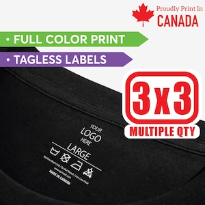 3x3 inch Iron-on Tagless clothing Labels 100pcs, Full-color heat transfer ready to apply logo | garment size | washing instructions neck tag