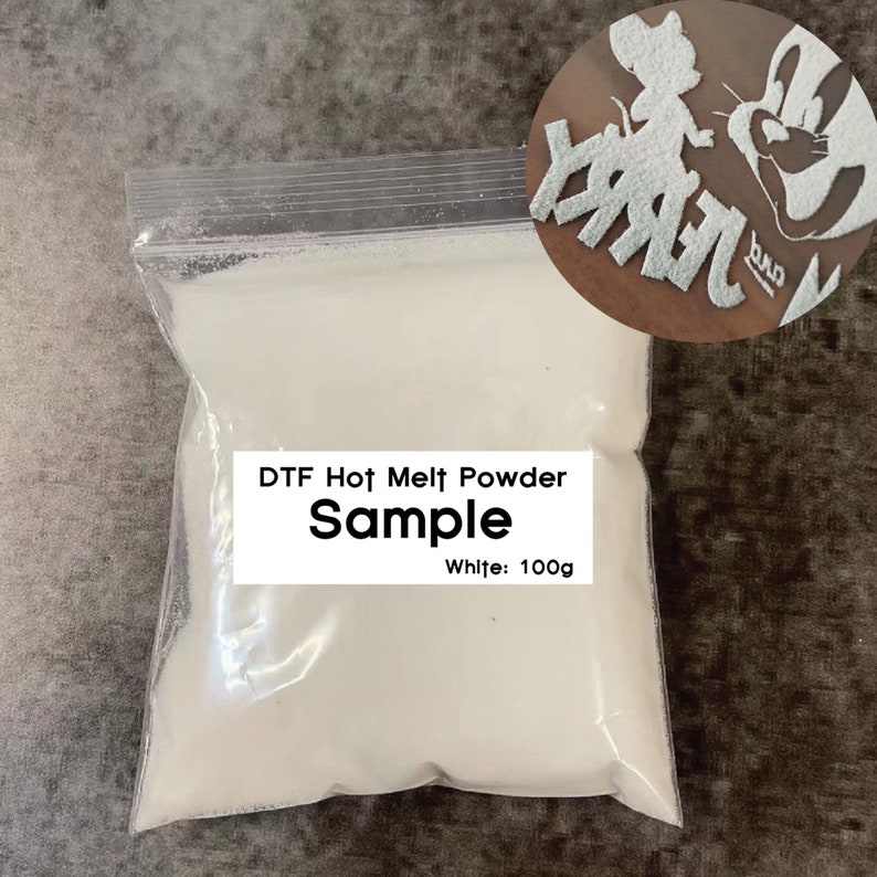 May include: A clear plastic bag filled with white DTF Hot Melt Powder. The label reads "Sample" and "White: 100g". A circular image in the upper right corner shows a white cartoon character design. The bag is on a gray surface.
