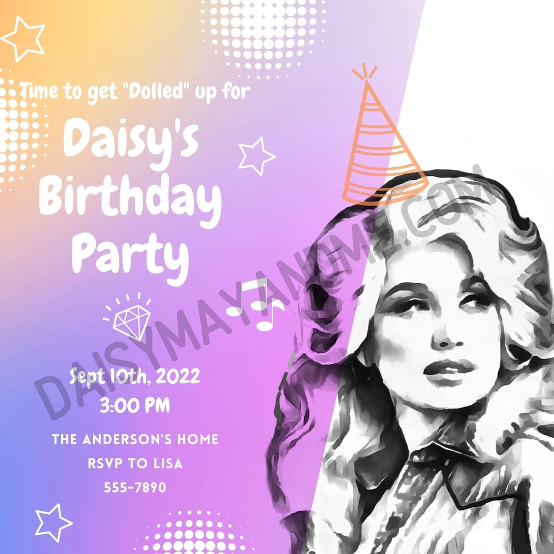 Personalized Dolly Parton Birthday Invite Download, Printable Dolly