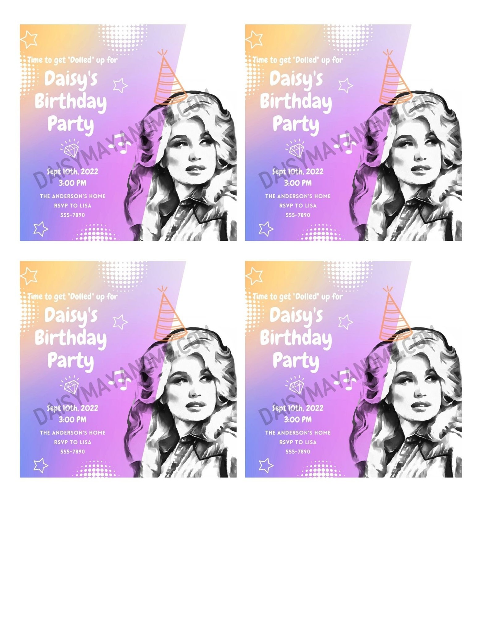 Personalized Dolly Parton Birthday Invite Download, Printable Dolly