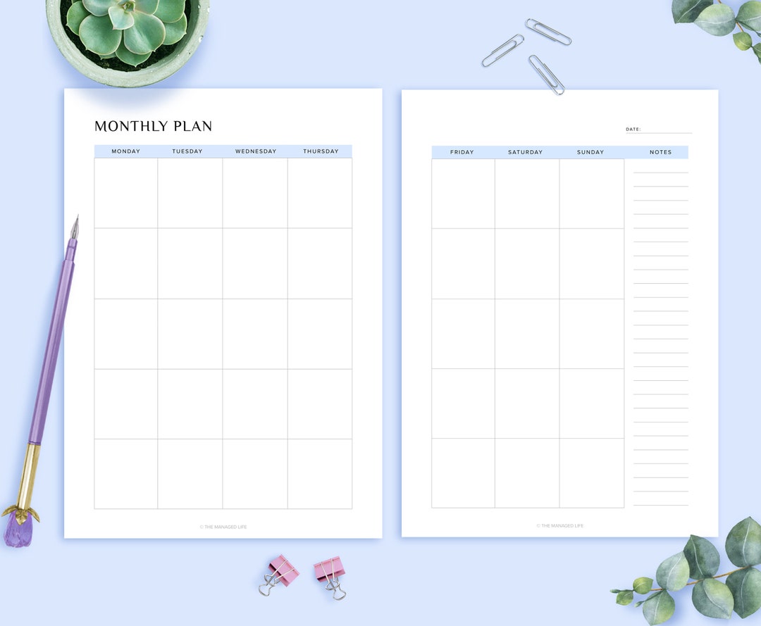 Monthly Planner Inserts, 2 Page Spread Printable, Blue Monthly Planner ...