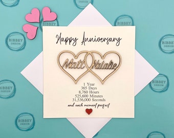 Personalised Anniversary Card - Romantic hearts, milestone card, card for her, card for him, Wooden anniversary 5 years
