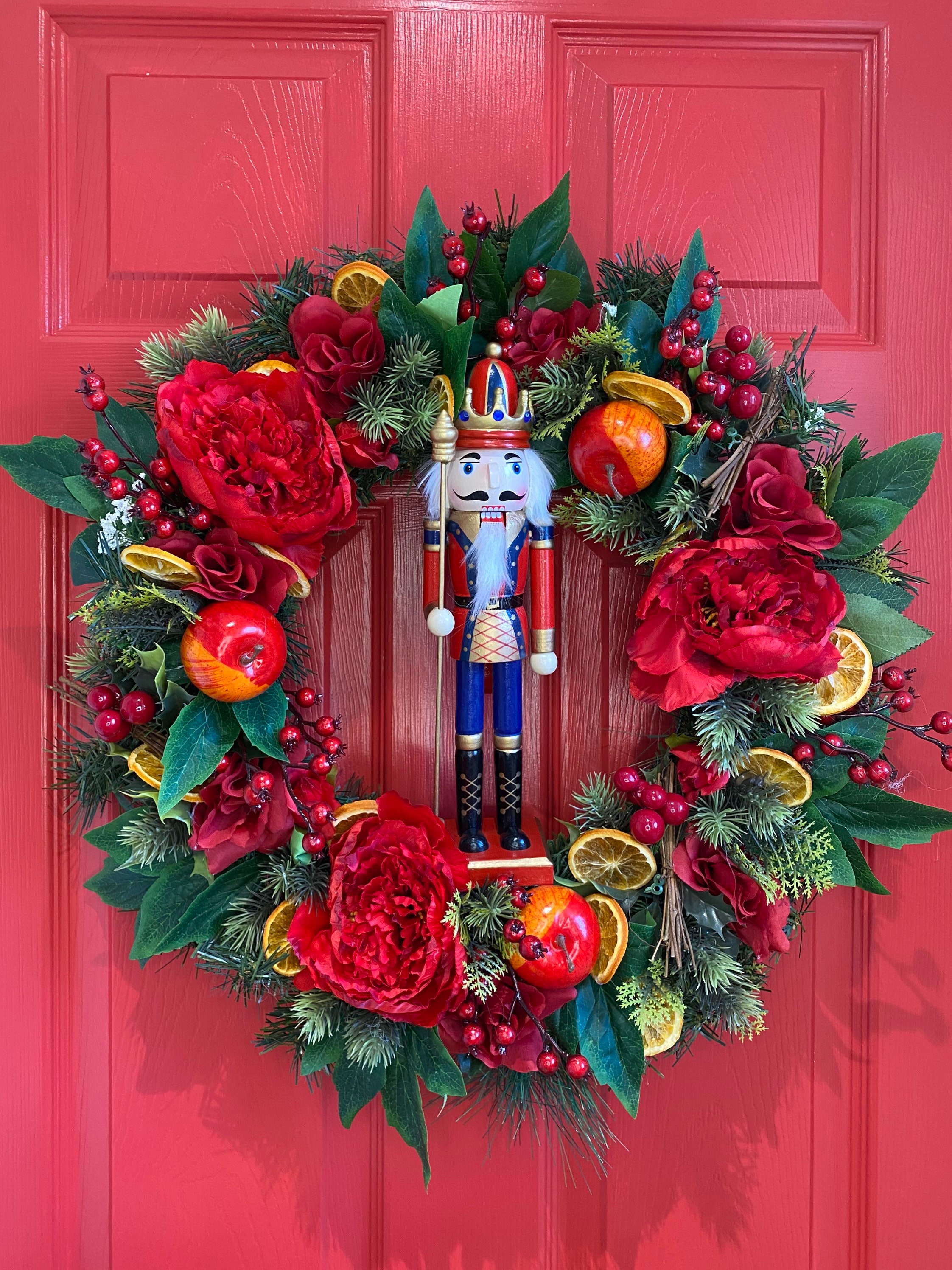 Christmas nutcracker wreath front door baubles green red Etsy