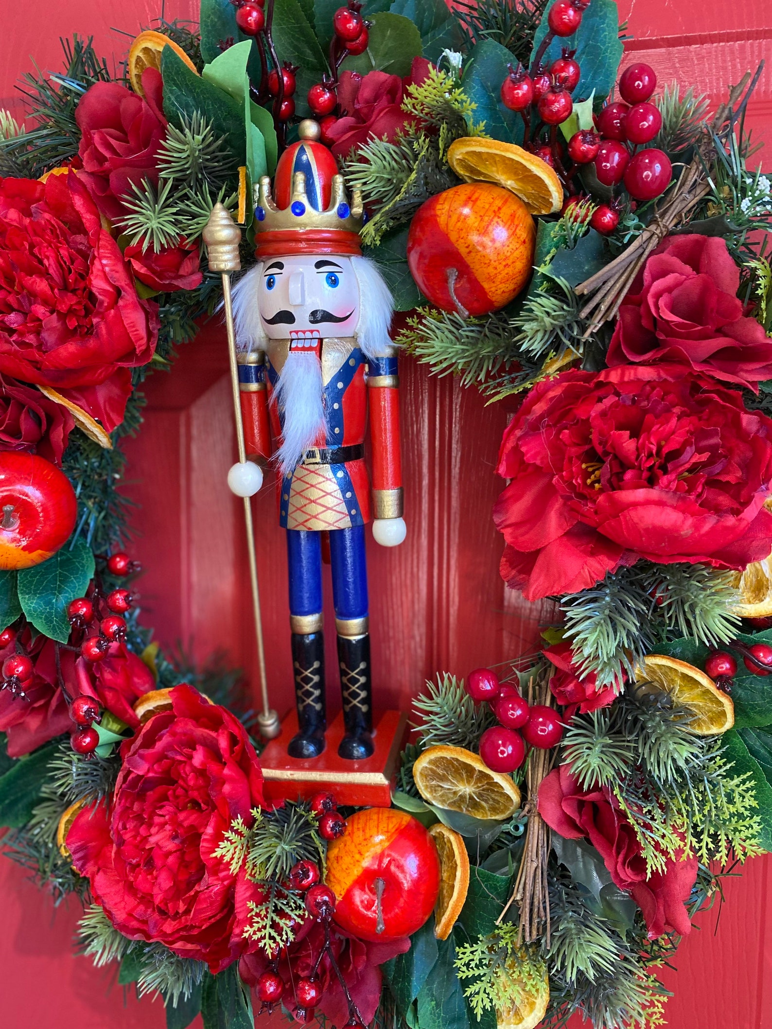 Christmas nutcracker wreath front door baubles green red Etsy