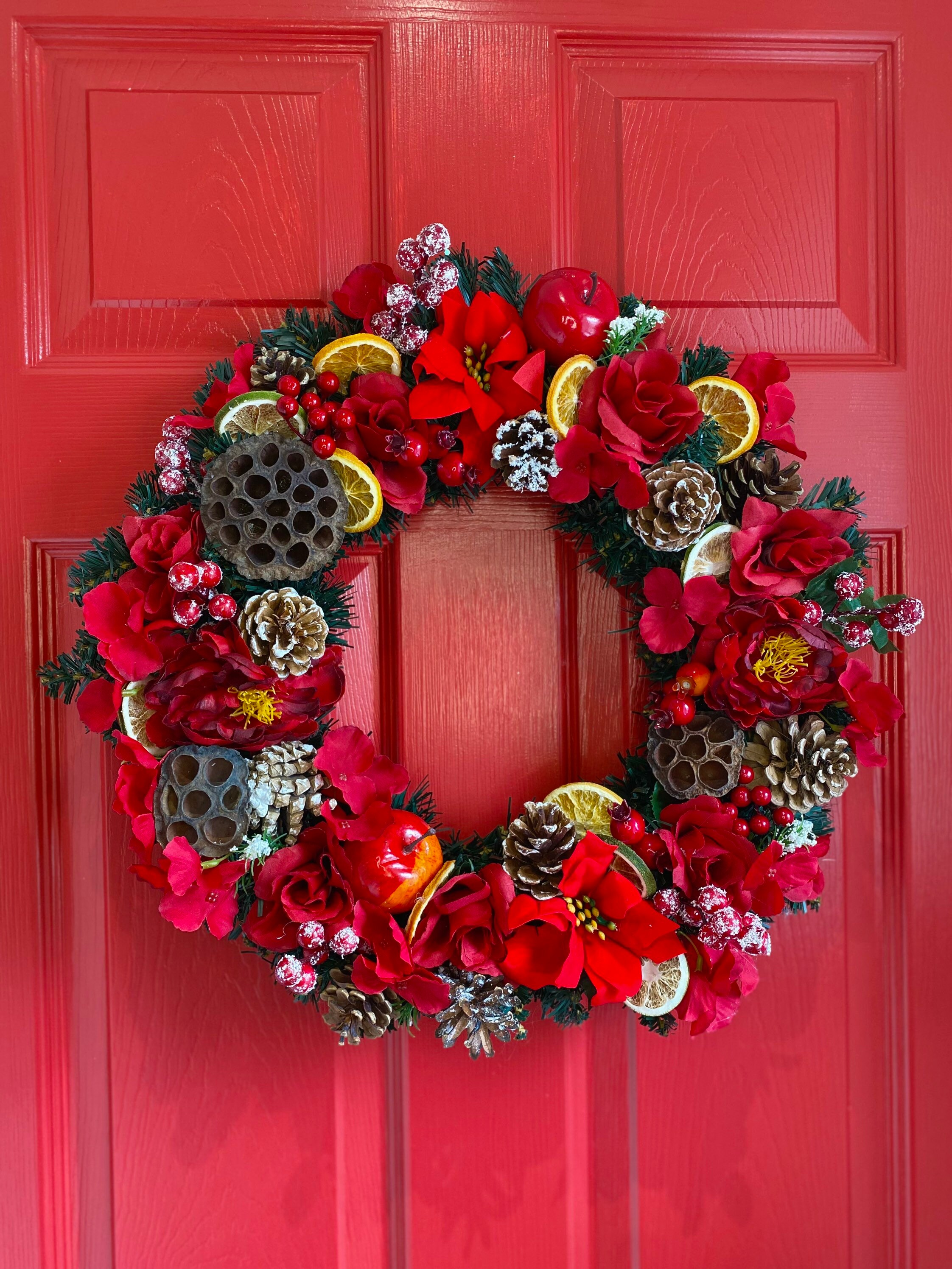Christmas traditional wreath front door baubles green red Etsy
