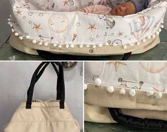 Couffin pour poupée Reborn. Le sac se transforme en lit de bébé pour les reborns. Peut être utilisé comme sac à provisions. Sac couffin pour poupée. Convient aux poupées mesurant jusqu'à 23 po.