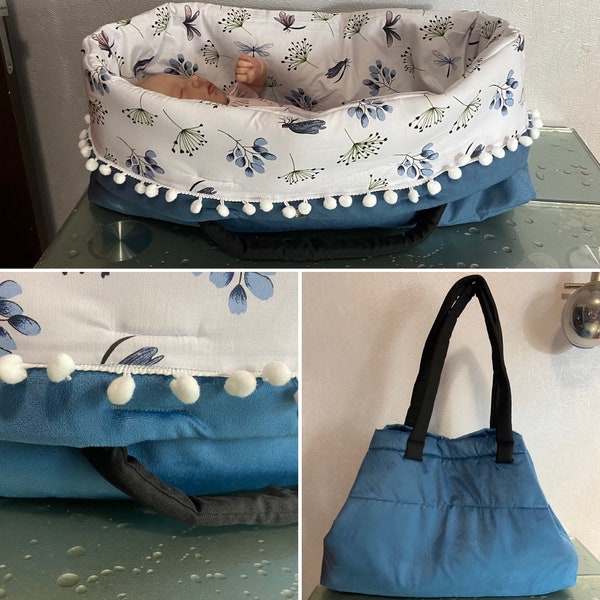 Couffin pour poupée Reborn. Le sac se transforme en lit de bébé pour les reborns. Peut être utilisé comme sac à provisions. Sac couffin pour poupée. Convient aux poupées mesurant jusqu'à 23 po.