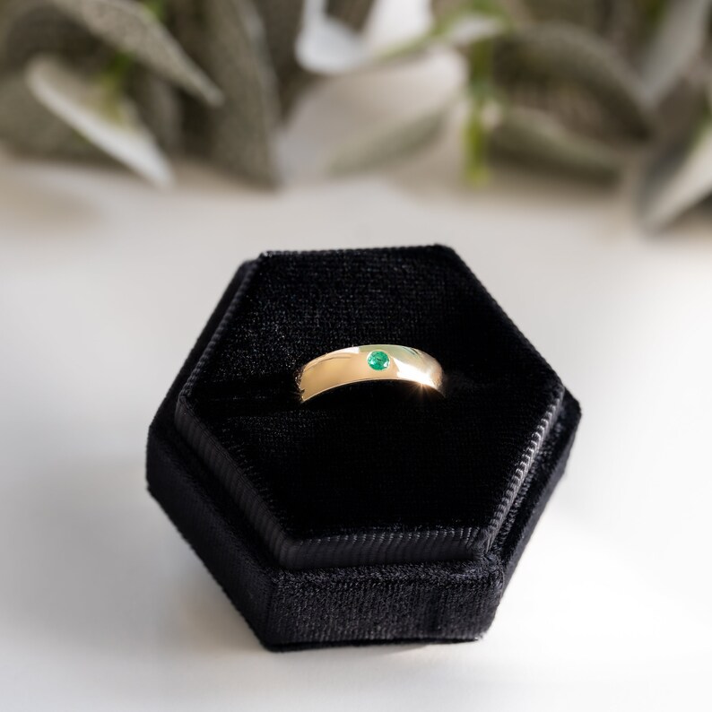 Flush Set Natural Emerald Solid 9ct, 18ct White or Yellow Gold Ring Band. Gemstone Wedding Rings, Unisex Rings Moments Jewellery. image 8