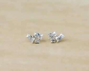 Dainty Emerald Cluster Cubic Zirconia Earring Studs | Gift for Her, Sterling Silver Ear Studs. Bridal Accessories, Bridesmaid Earrings