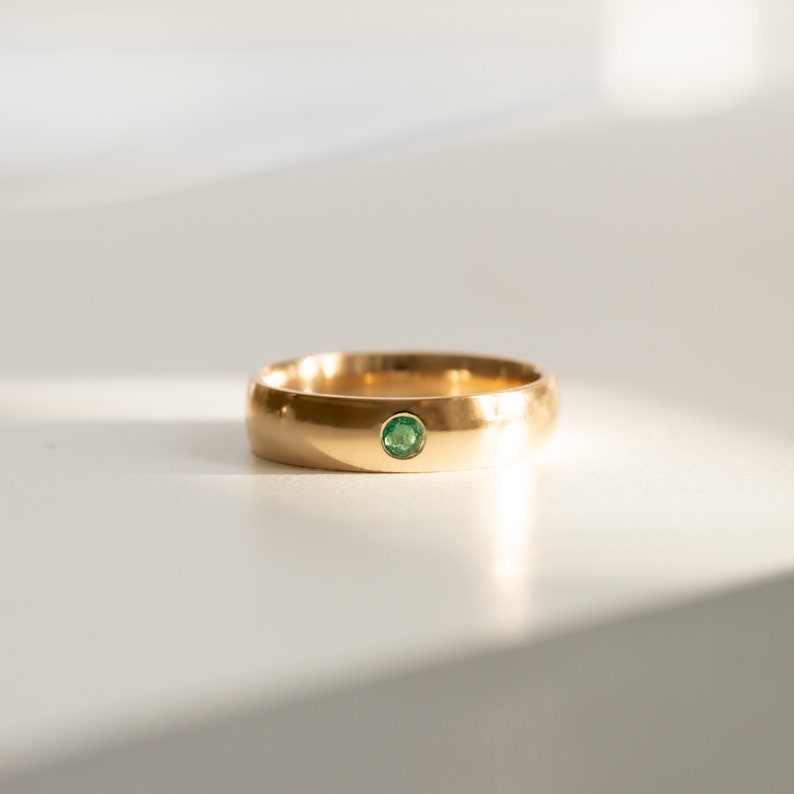Flush Set Natural Emerald Solid 9ct, 18ct White or Yellow Gold Ring Band. Gemstone Wedding Rings, Unisex Rings Moments Jewellery. image 2