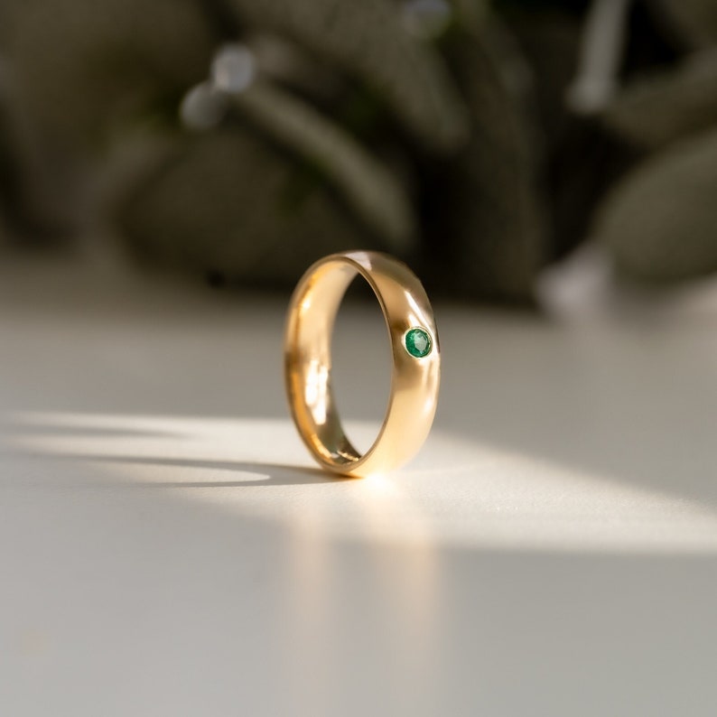 Flush Set Natural Emerald Solid 9ct, 18ct White or Yellow Gold Ring Band. Gemstone Wedding Rings, Unisex Rings Moments Jewellery. image 1