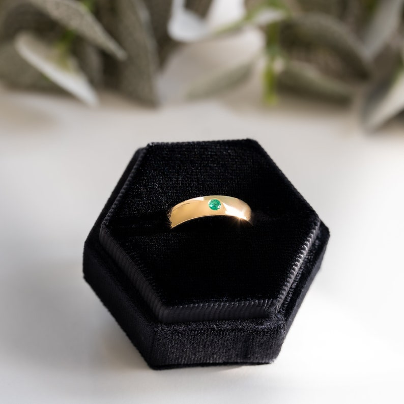 Flush Set Natural Emerald Solid 9ct, 18ct White or Yellow Gold Ring Band. Gemstone Wedding Rings, Unisex Rings Moments Jewellery. image 9