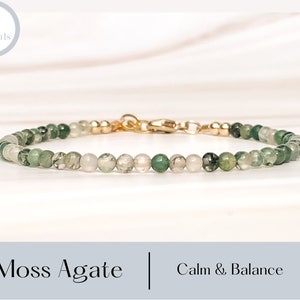Moss Agate Adjustable Gold Filled Crystal Bracelet to help with new beginnings, growth and a successful mindset. Moments Crystals.